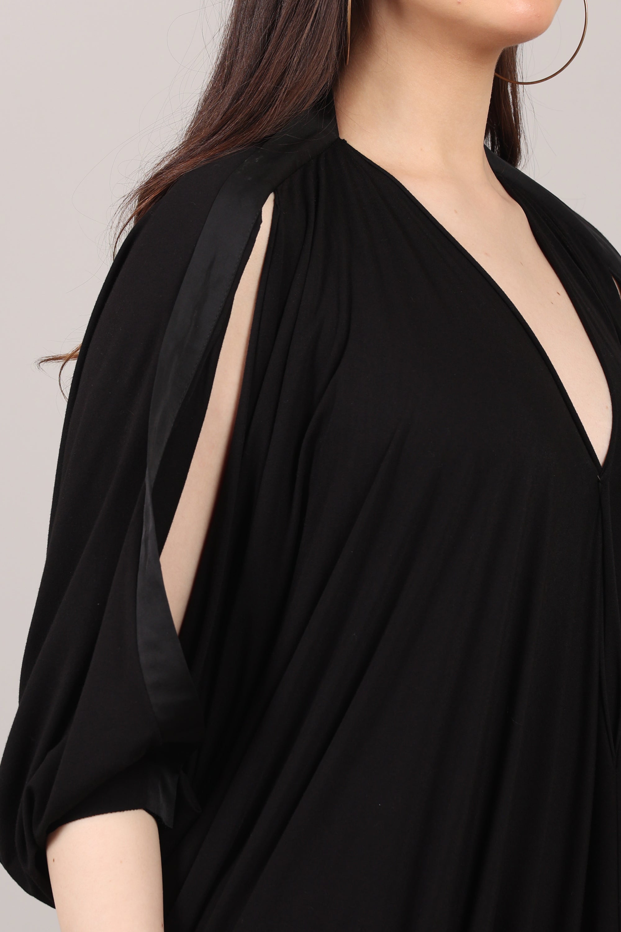 Solid Black Lycra V-Neck Kaftan Dress with Sleeve Slit Design