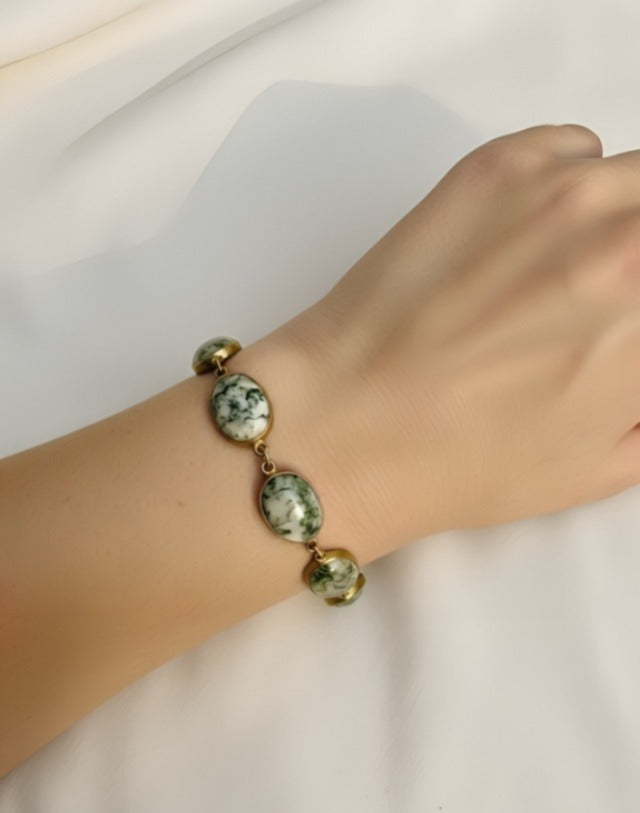 Eydis Elegant Gold Chain Bracelet with Ivory White Marble Beads & Emerald Green Print | Designer Bracelet for Women