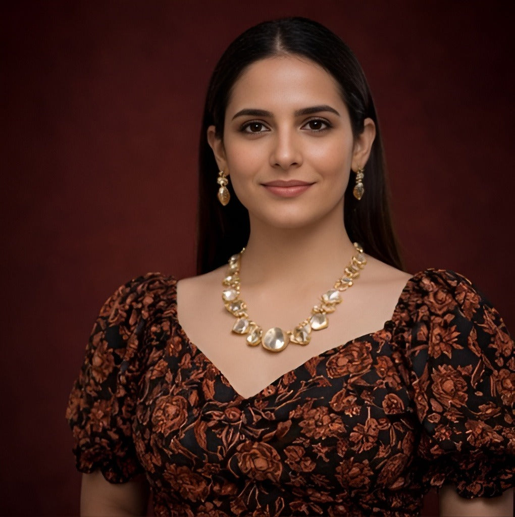 Eydis Elegant Gold Finish Statement Necklace with Matching Earrings | Designer Jewelry Set for Women