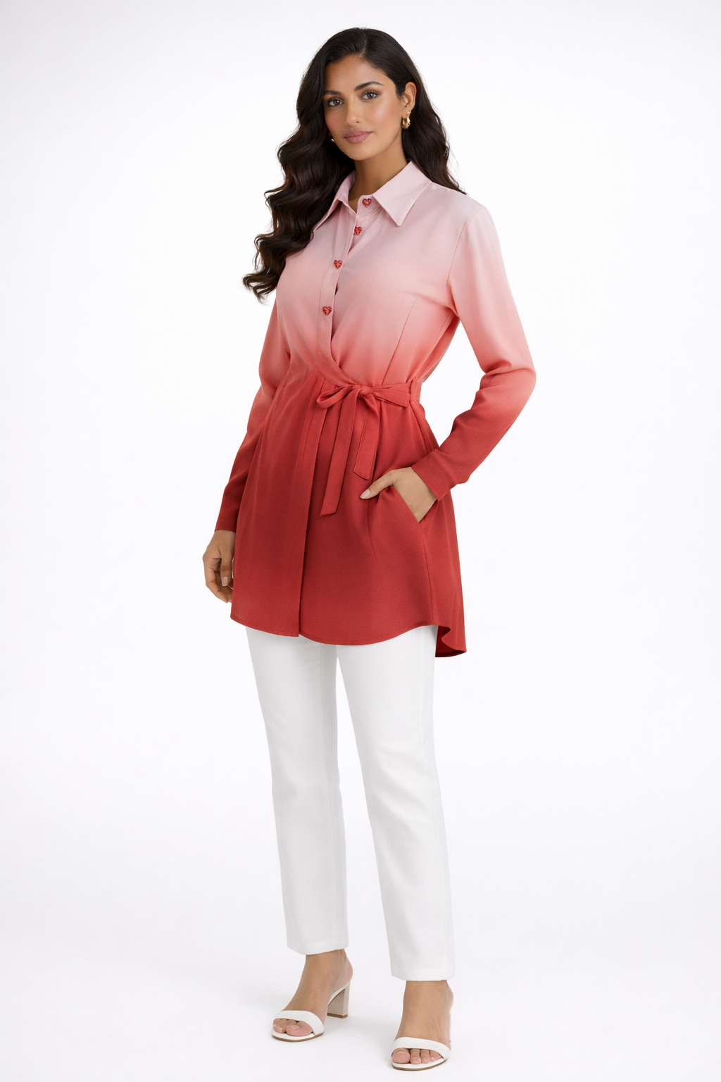 Red–Pink Ombre Satin Tencel Shirt Dress with Heart Crystal Buttons