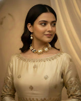 Gold Finish Pearl & Stone Necklace with Matching Earrings | Elegant Designer Jewelry Set for Women