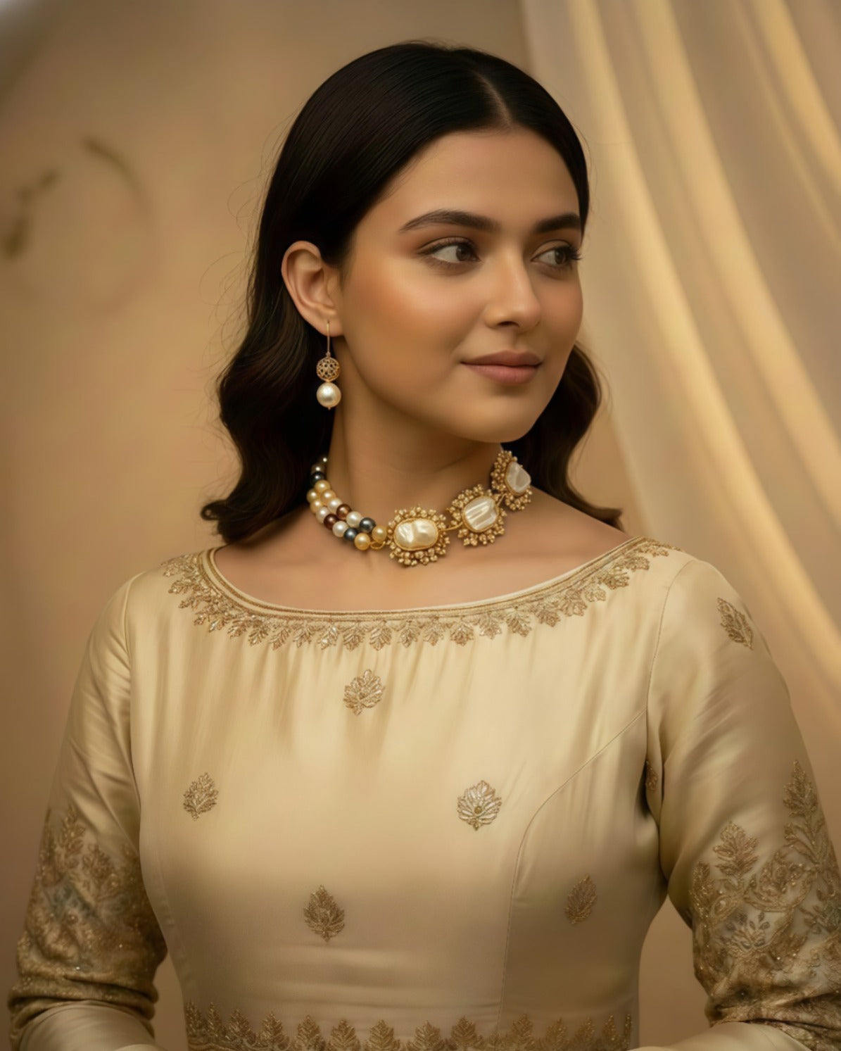 Gold Finish Pearl & Stone Necklace with Matching Earrings | Elegant Designer Jewelry Set for Women