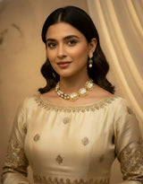 Gold Finish Pearl & Stone Necklace with Matching Earrings | Elegant Designer Jewelry Set for Women