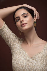 Emerald Green & Gold Drop Earrings with Ivory Accent | Elegant Festive Statement Earrings