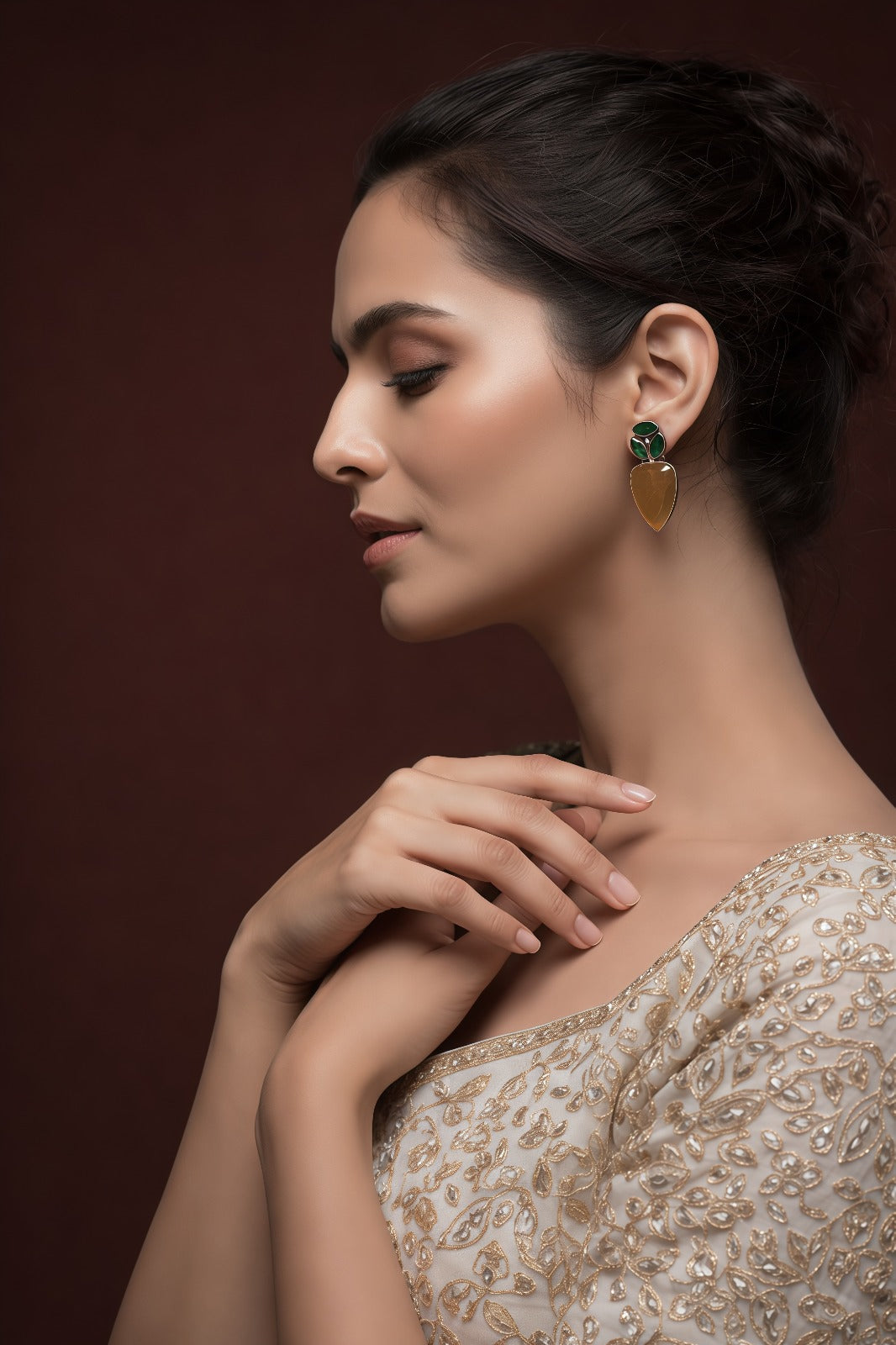 Emerald Green & Gold Drop Earrings with Ivory Accent | Elegant Festive Statement Earrings