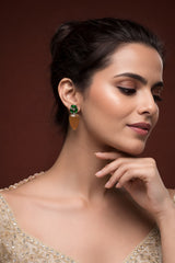 Emerald Green & Gold Drop Earrings with Ivory Accent | Elegant Festive Statement Earrings