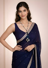 Navy Blue Beaded Long Necklace with Silver Drops | Elegant Ethnic & Festive Neckpiece