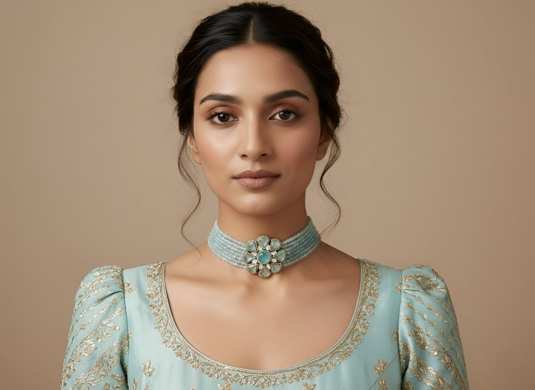 Eydis Pastel Blue Beaded Floral Choker Necklace