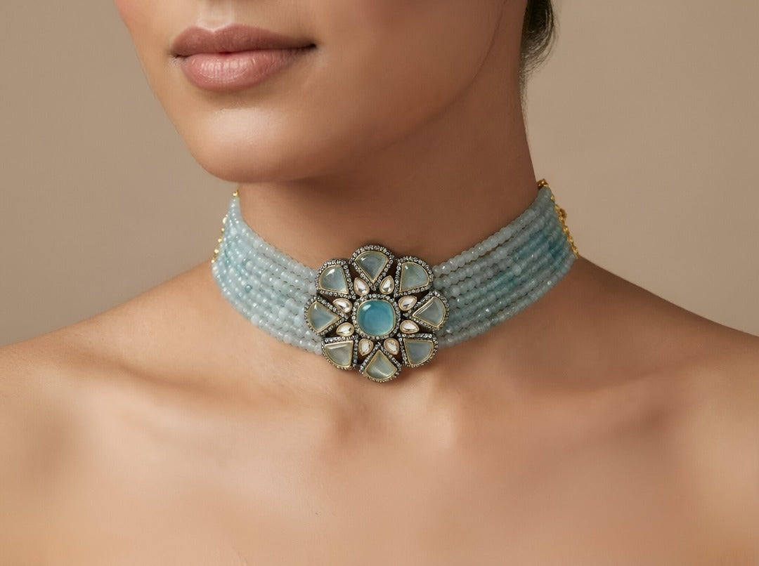 Eydis Pastel Blue Beaded Floral Choker Necklace