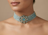 Eydis Pastel Blue Beaded Floral Choker Necklace