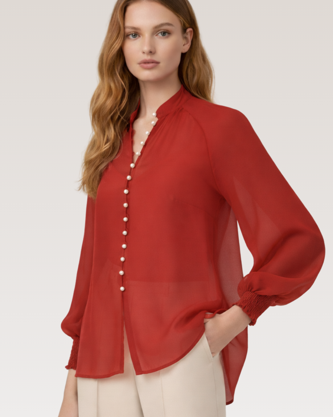 Silk Organza Raglan Sleeve Shirt with Lycra Cami & Pearl Buttons
