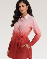 Red–Pink Ombre Satin Tencel Shirt Dress with Heart Crystal Buttons