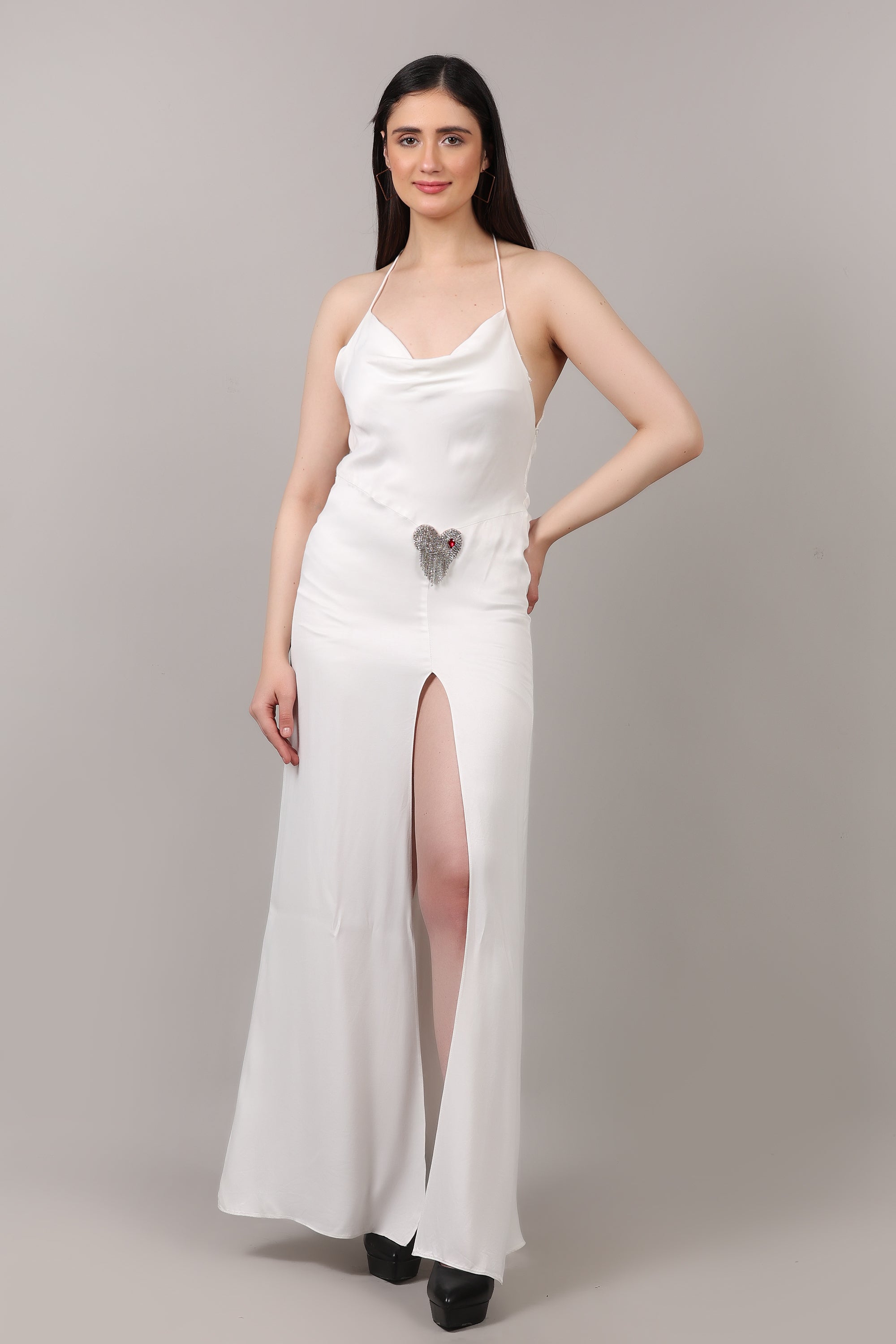 White Satin Tencel Cowl Neck Maxi Dress with Heart Brooch & Front High Slit