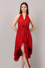 Red Backless V-Neck Hand-Embellished Heart Brooch Chiffon Dress