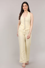 Cotton Linen U-Neck Tie-Back Top & Straight Pants Co-Ord Set with Hand Embellished Placket