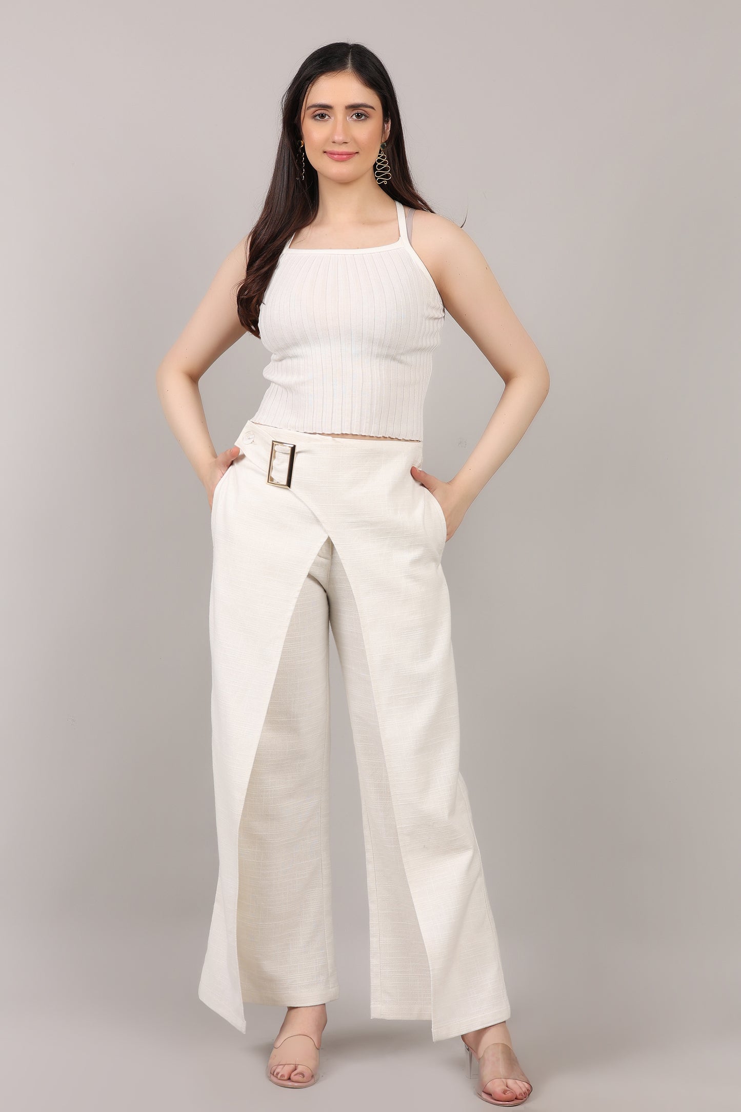 Elegant Wrap Style Slub Cotton Pant with Statement Buckle