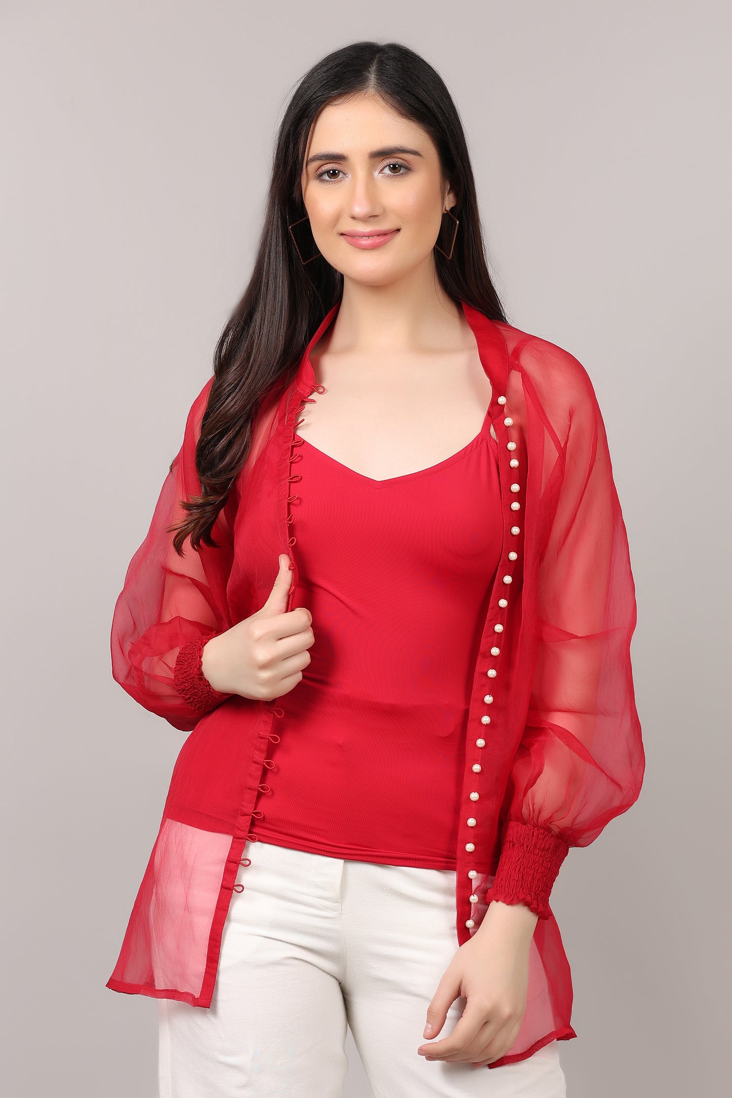 Red Silk Organza Pearl Button Shirt with Lycra Cami
