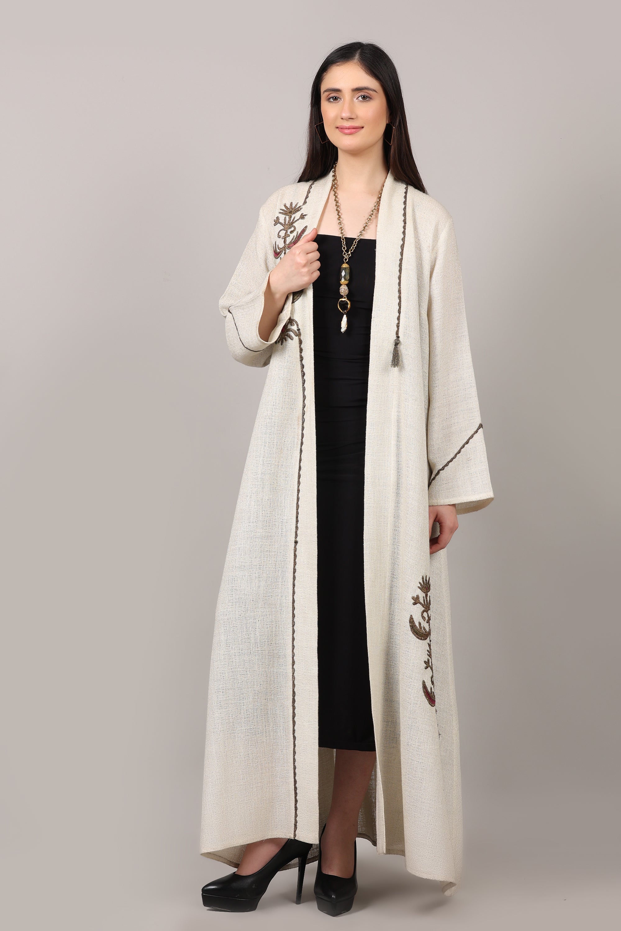 Ivory Elegance Cotton Embroidered Long Shrug
