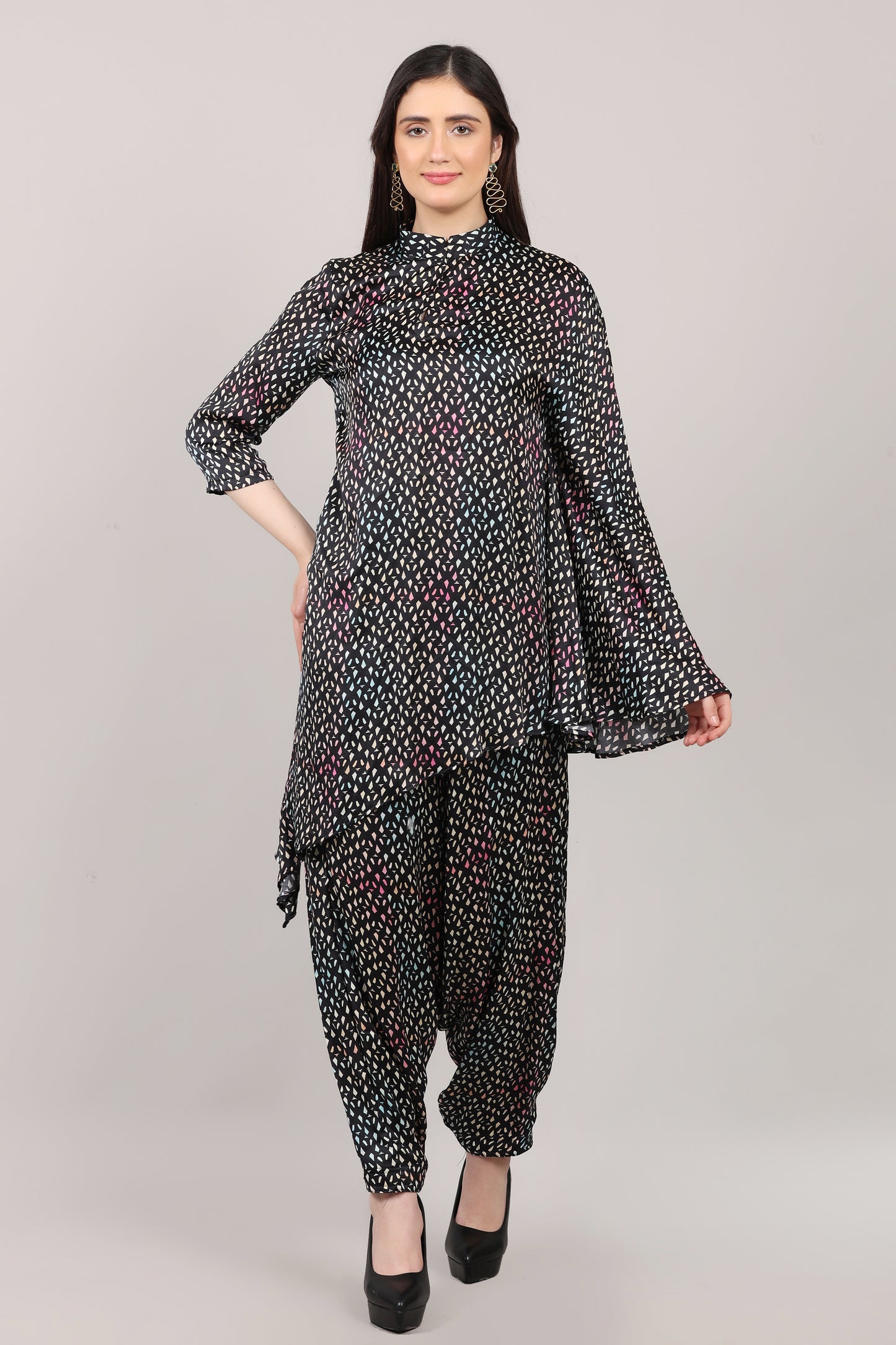 Black Printed Modal Satin Asymmetrical Co-Ord Set