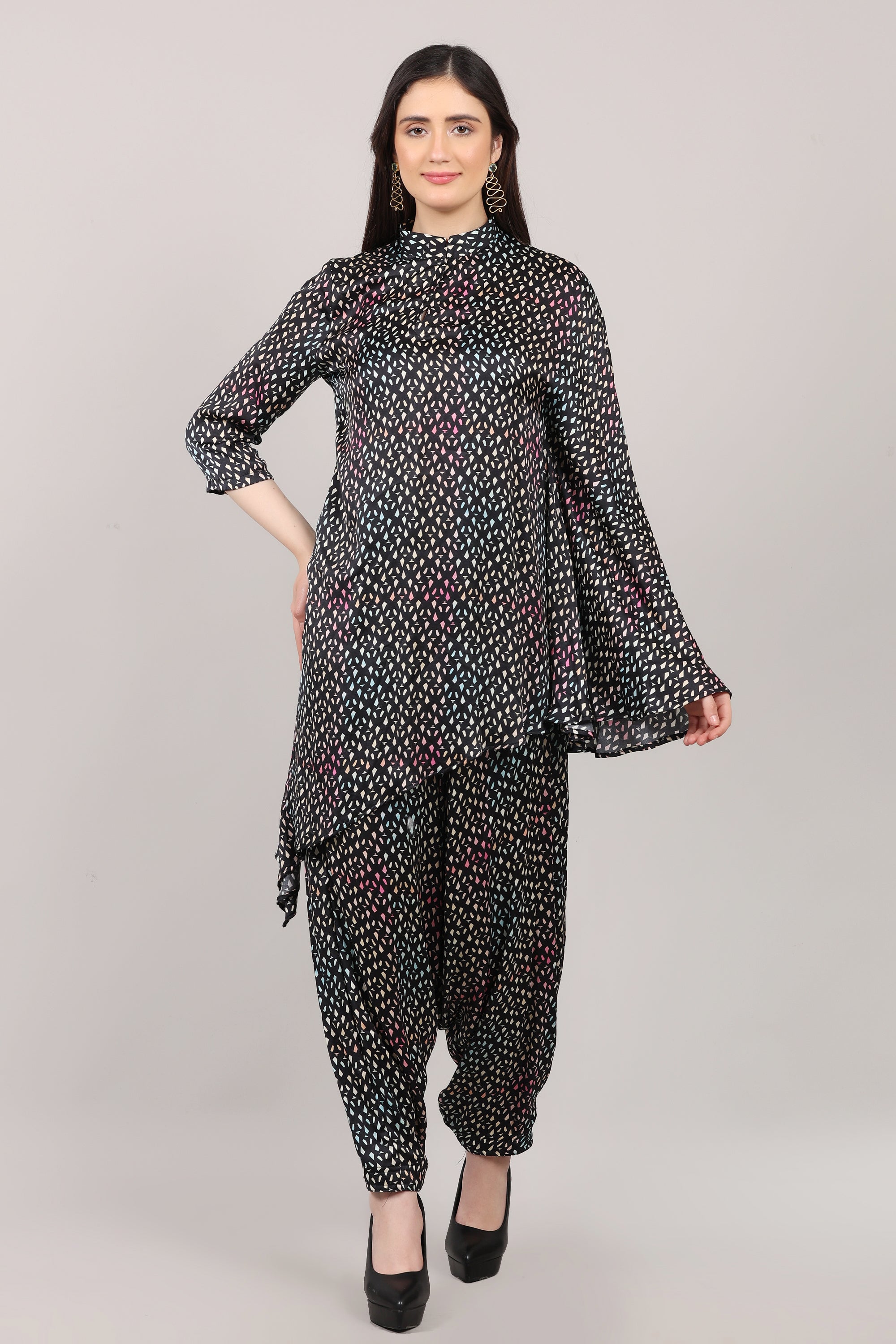 Black Printed Modal Satin Asymmetrical Co-Ord Set