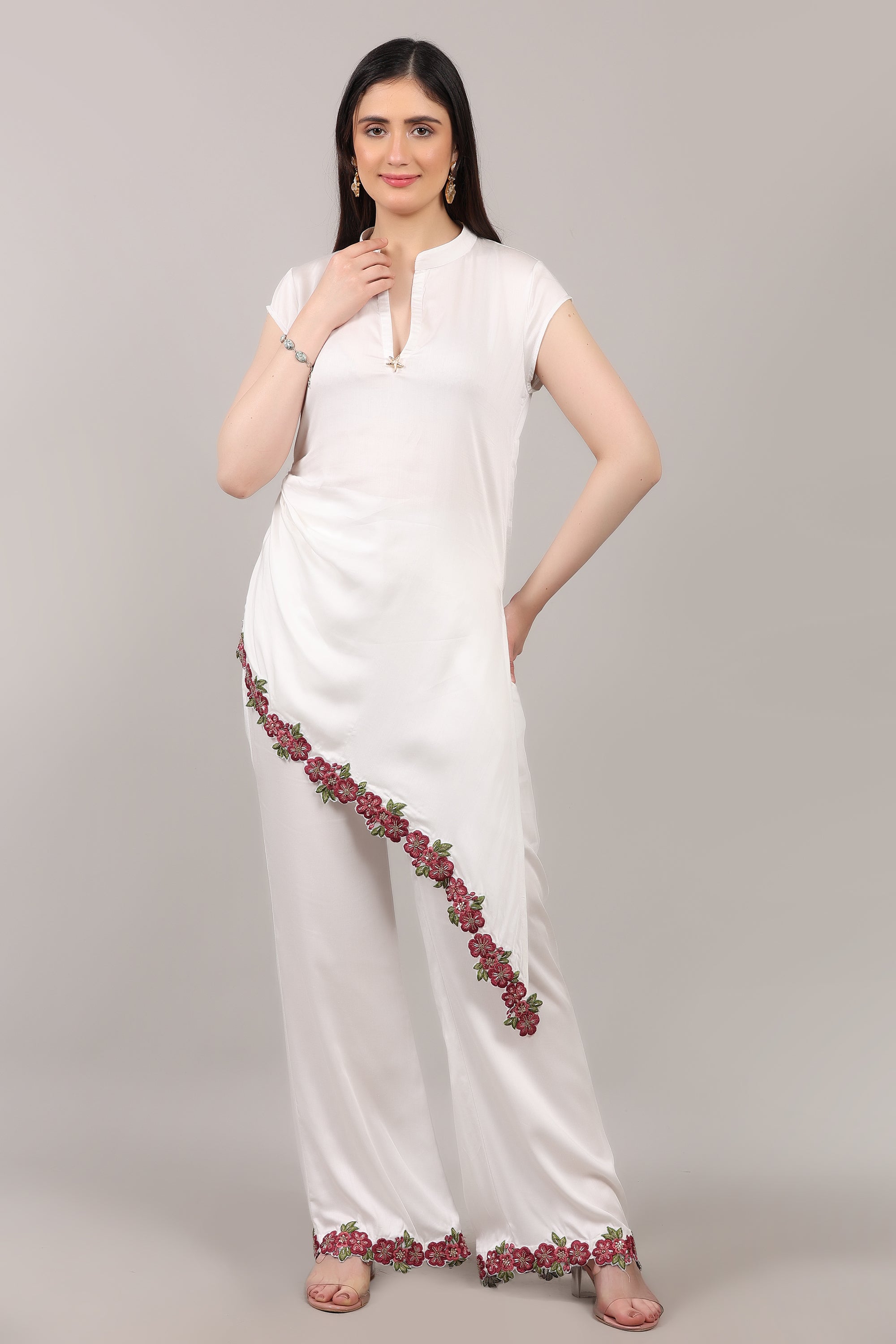 White Tencel Co-Ord Set with Handcrafted Zardosi Embellished Hem