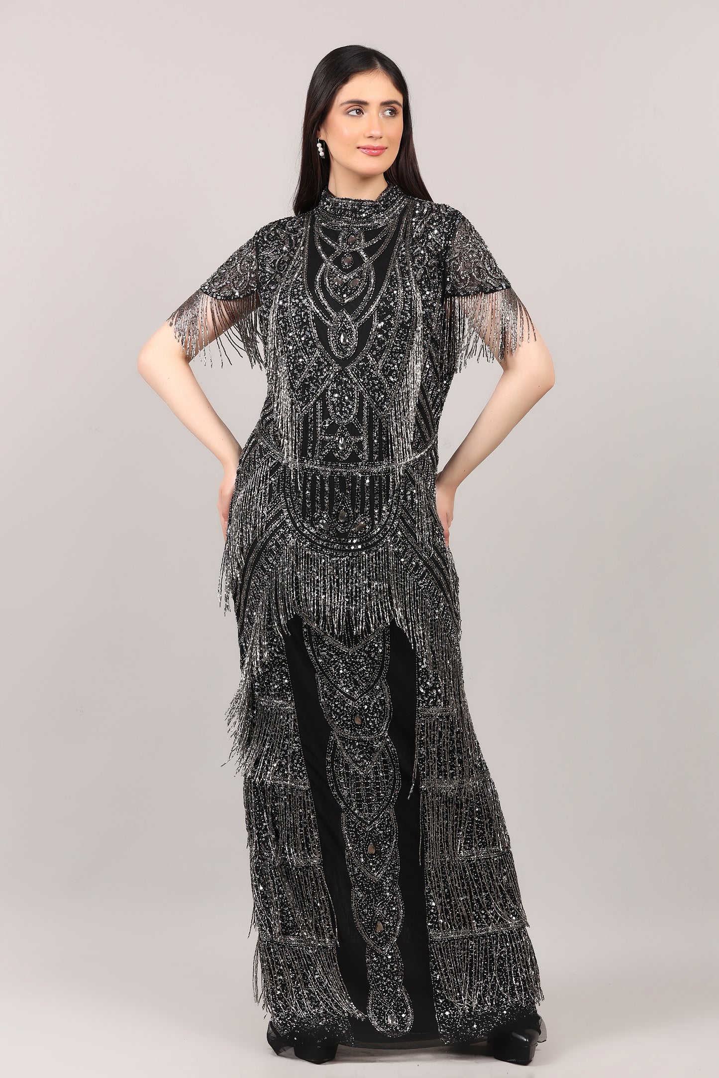 Black Heavy Hand-Embroidered Couture Evening Gown