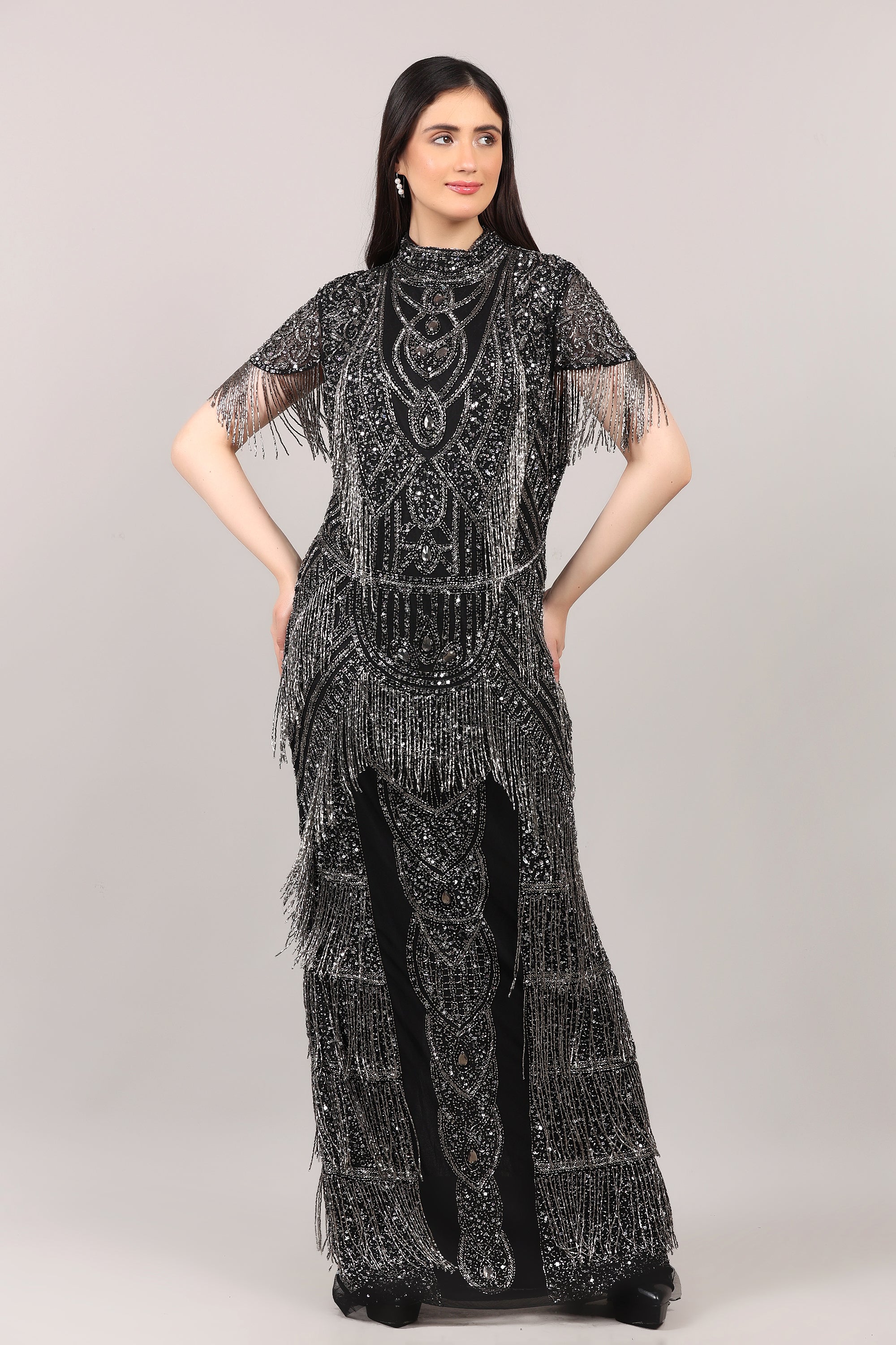 Black Heavy Hand-Embroidered Couture Evening Gown