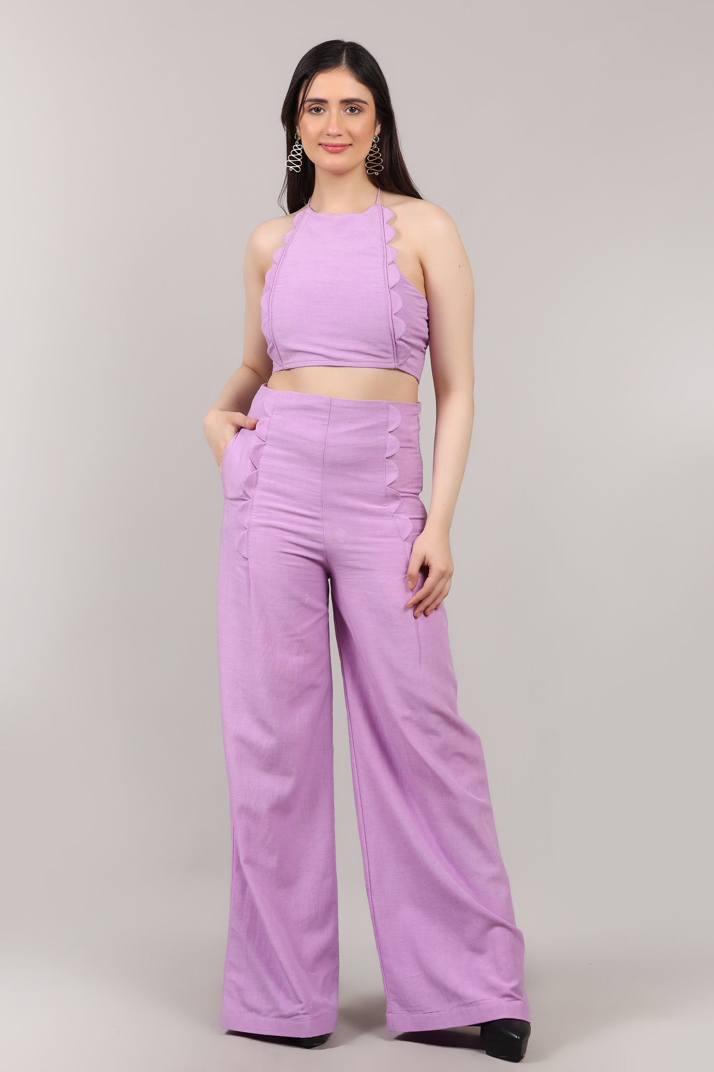 Lavender Cotton Linen Scallop Design Co-Ord Set with Backless Halter Top