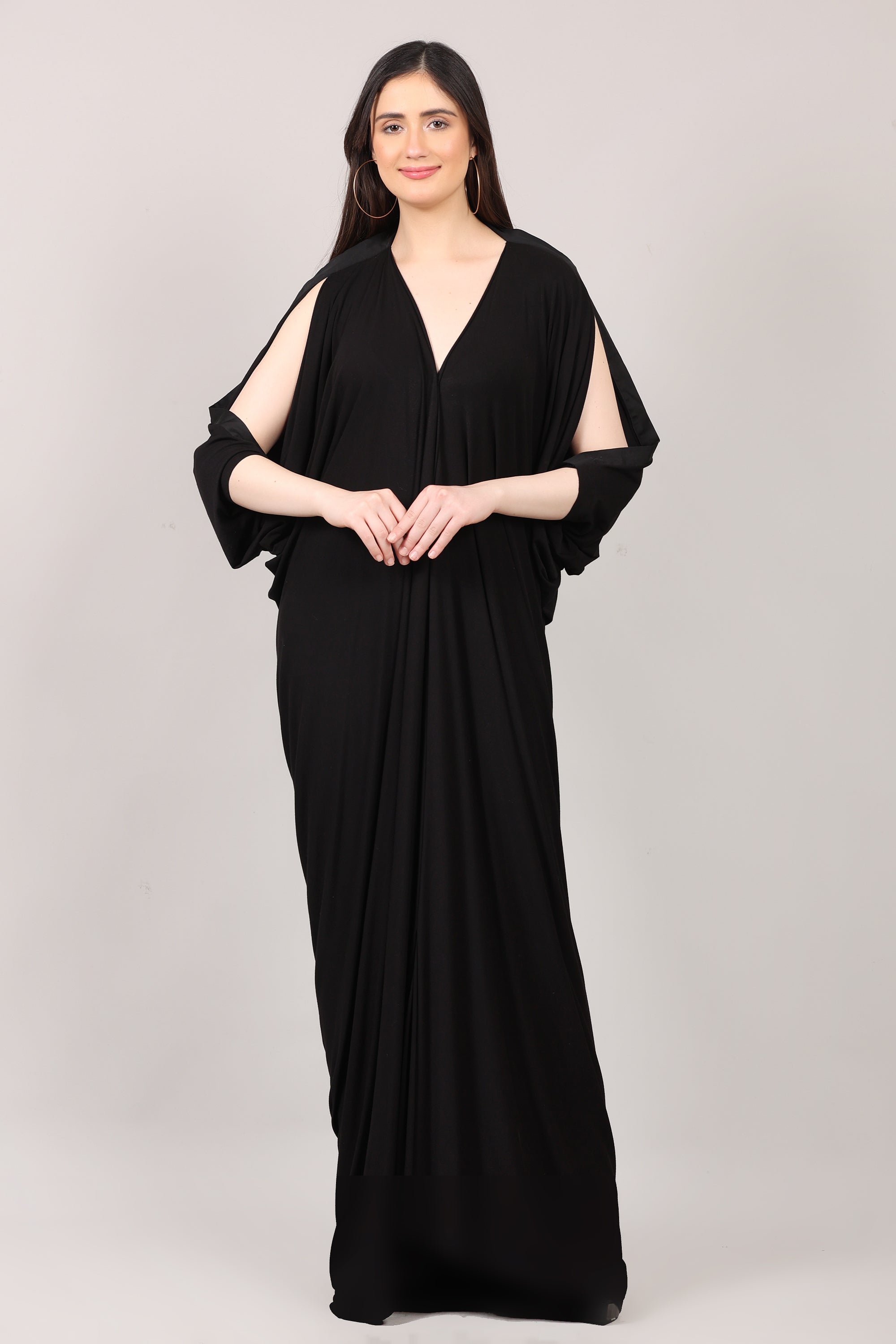 Solid Black Lycra V-Neck Kaftan Dress with Sleeve Slit Design