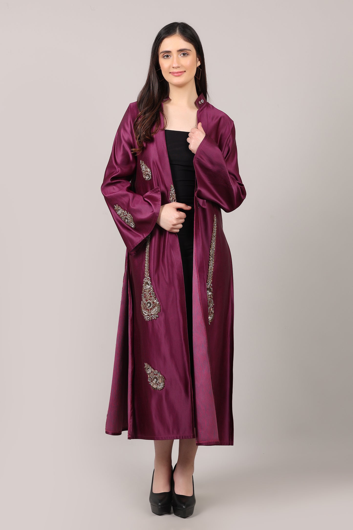 Royal Wine Embroidered Long Shrug