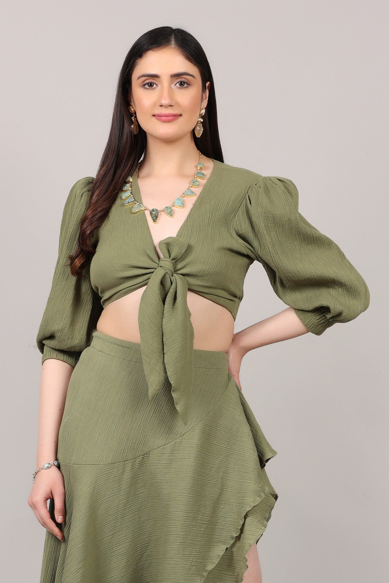 Organic Cotton Front-Knot Puff Sleeve Crop Top