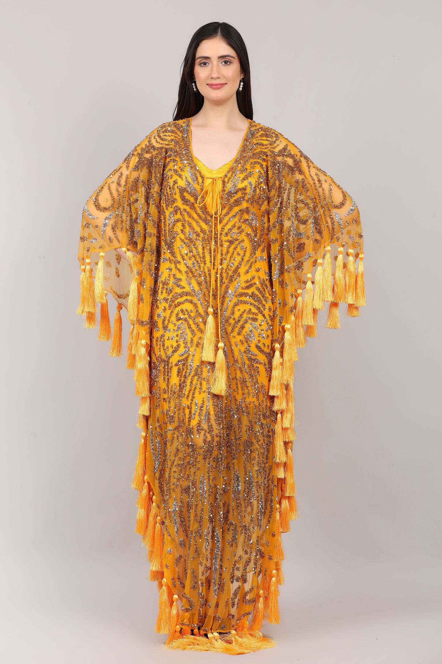 Mustard Hand-Embellished Couture Kaftan with Tassel Detailing