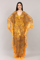 Mustard Hand-Embellished Couture Kaftan with Tassel Detailing