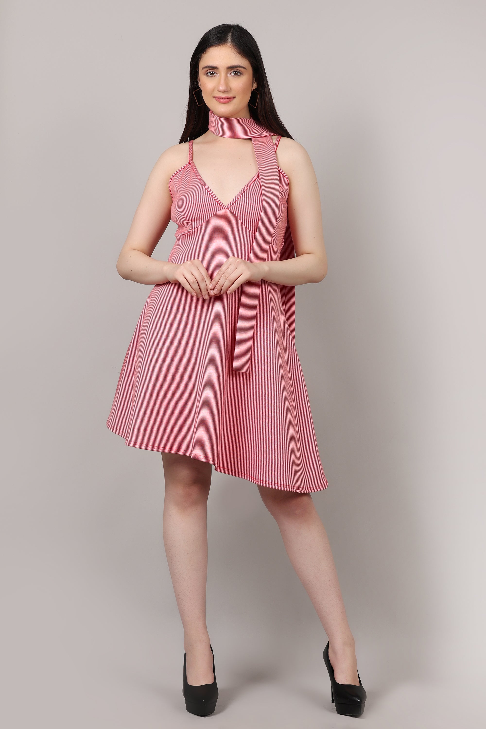 Red Stripe Print High-Low Dress with Multi-Styling Belt