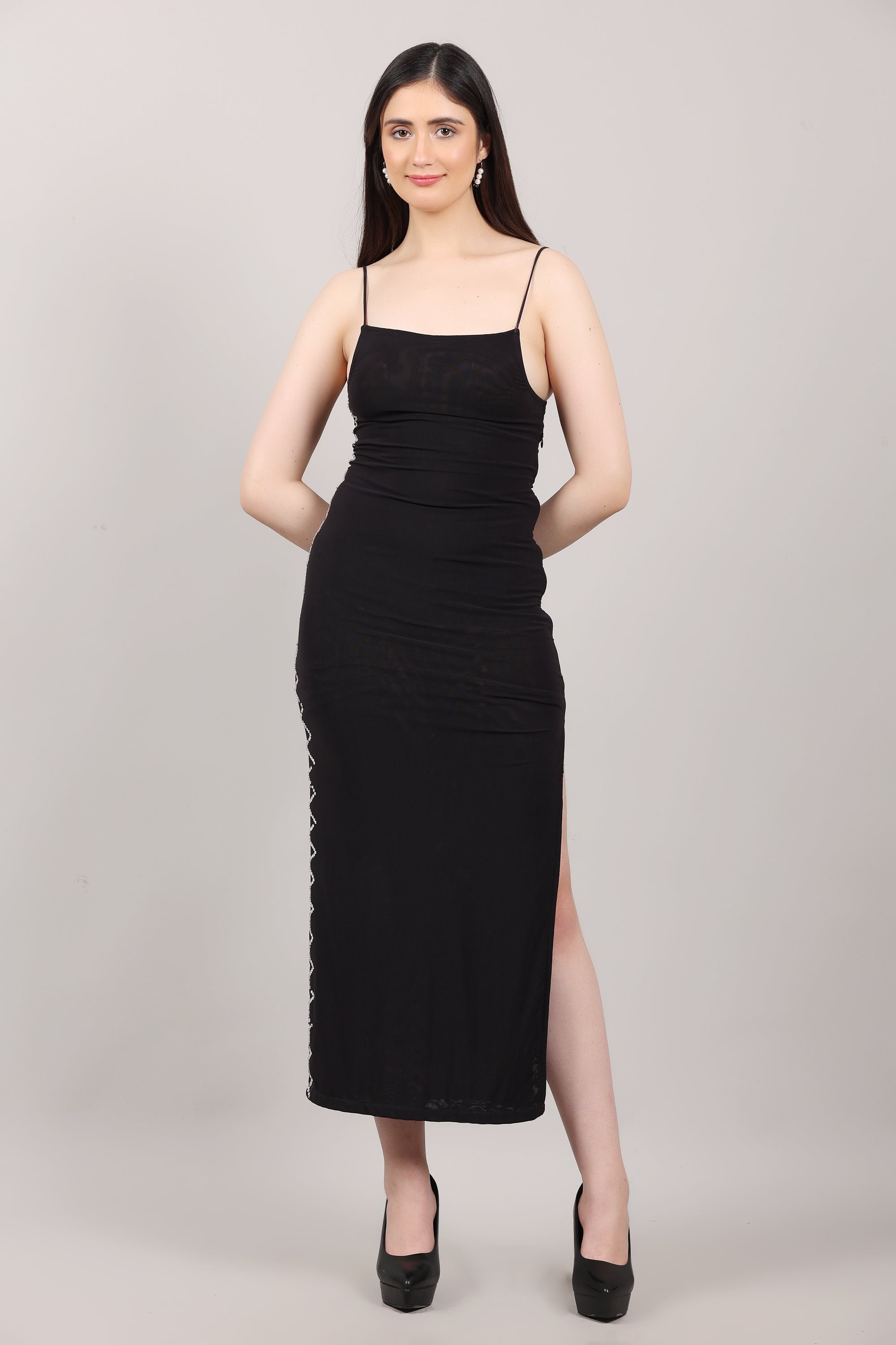 Black Lycra Embellished Side-Slit Calf Length Dress