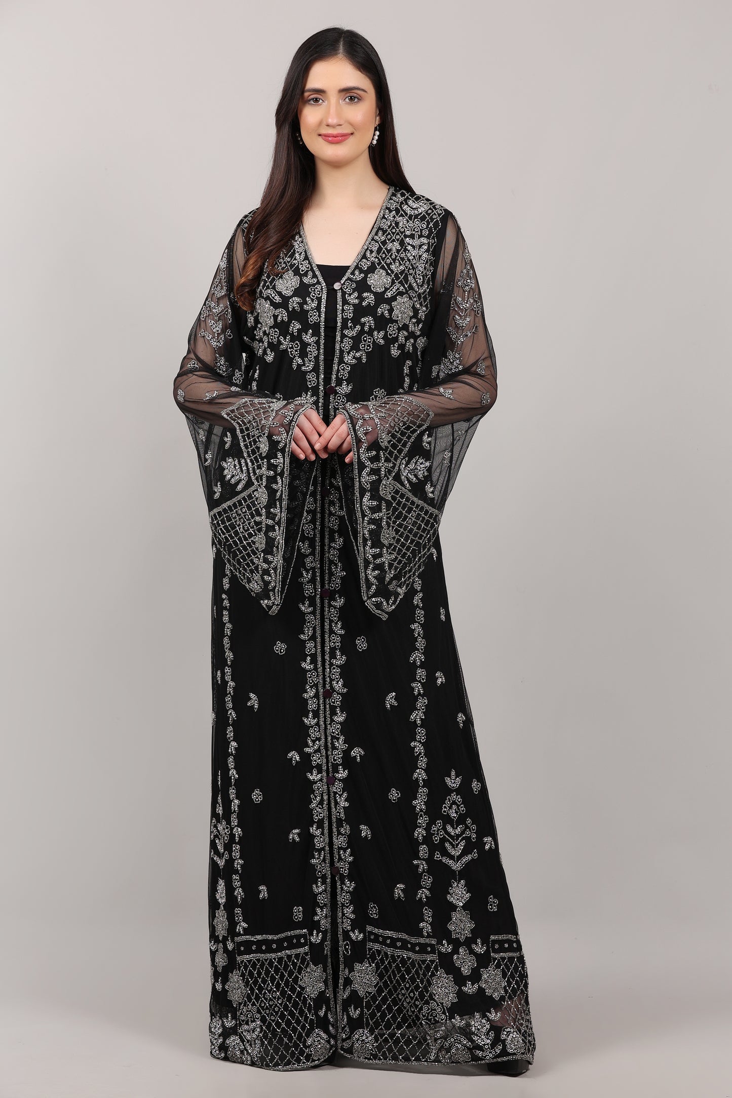 Black Hand-Embroidered Net Couture Kaftan with Bell Sleeves