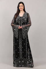 Black Hand-Embroidered Net Couture Kaftan with Bell Sleeves