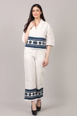 Off-White Hand Block Printed Cotton Linen Co-Ord Set with Katha Embroidery