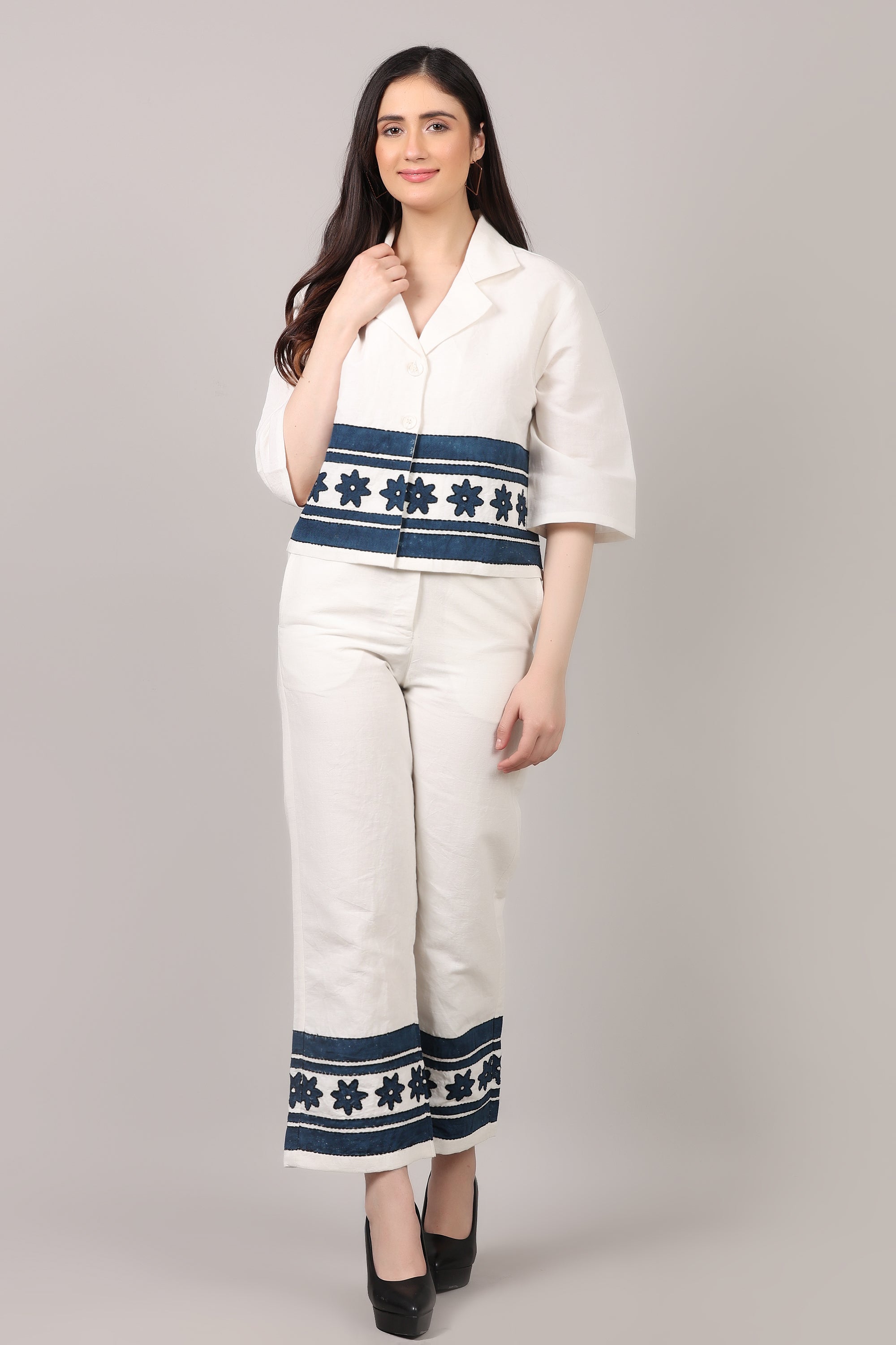 Off-White Hand Block Printed Cotton Linen Co-Ord Set with Katha Embroidery