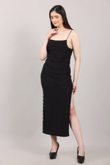 Black Lycra Embellished Side-Slit Calf Length Dress