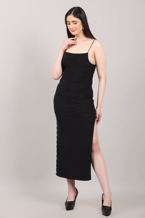 Black Lycra Embellished Side-Slit Calf Length Dress
