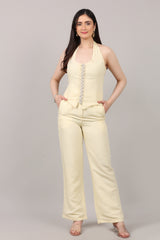 Cotton Linen U-Neck Tie-Back Top & Straight Pants Co-Ord Set with Hand Embellished Placket