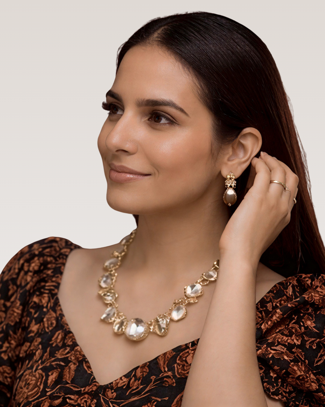 Eydis Elegant Gold Finish Statement Necklace with Matching Earrings | Designer Jewelry Set for Women