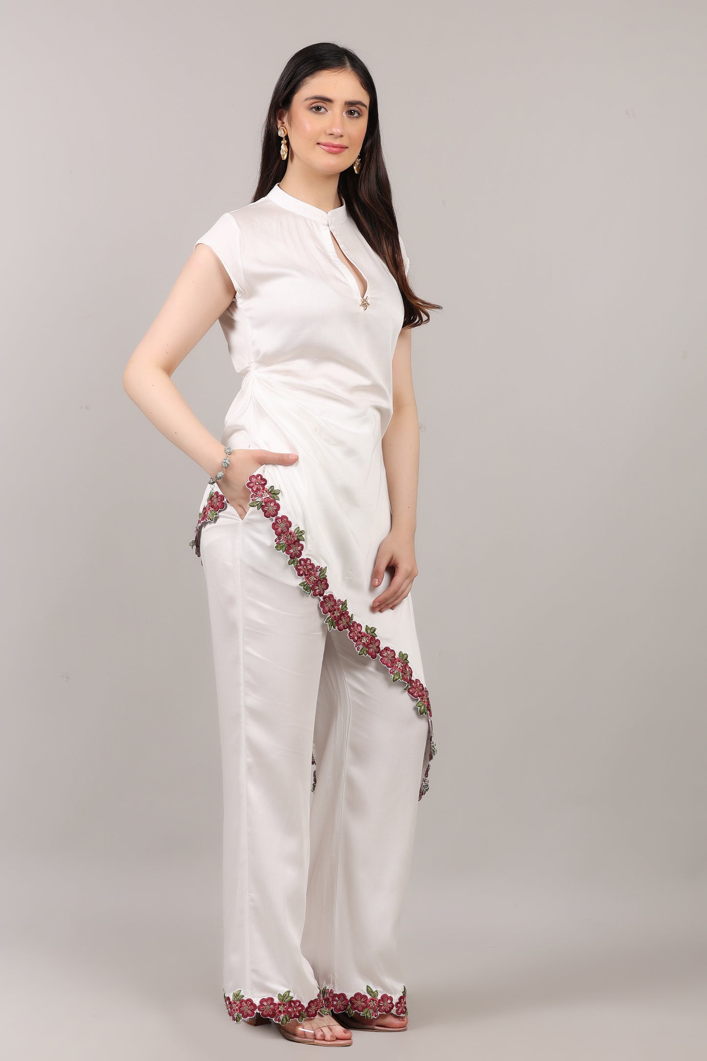 White Tencel Co-Ord Set with Handcrafted Zardosi Embellished Hem