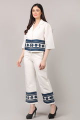 Off-White Hand Block Printed Cotton Linen Co-Ord Set with Katha Embroidery