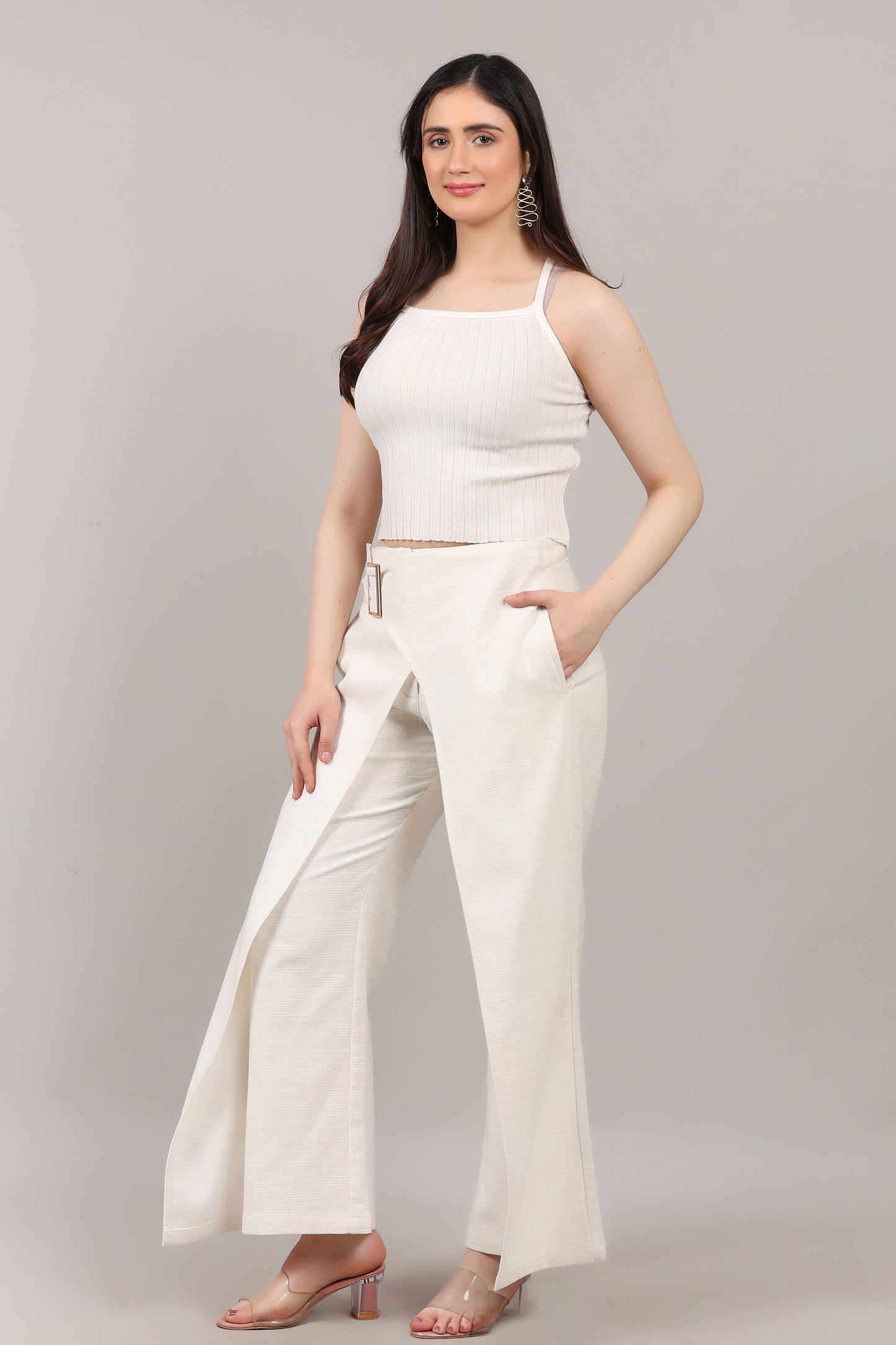 Elegant Wrap Style Slub Cotton Pant with Statement Buckle