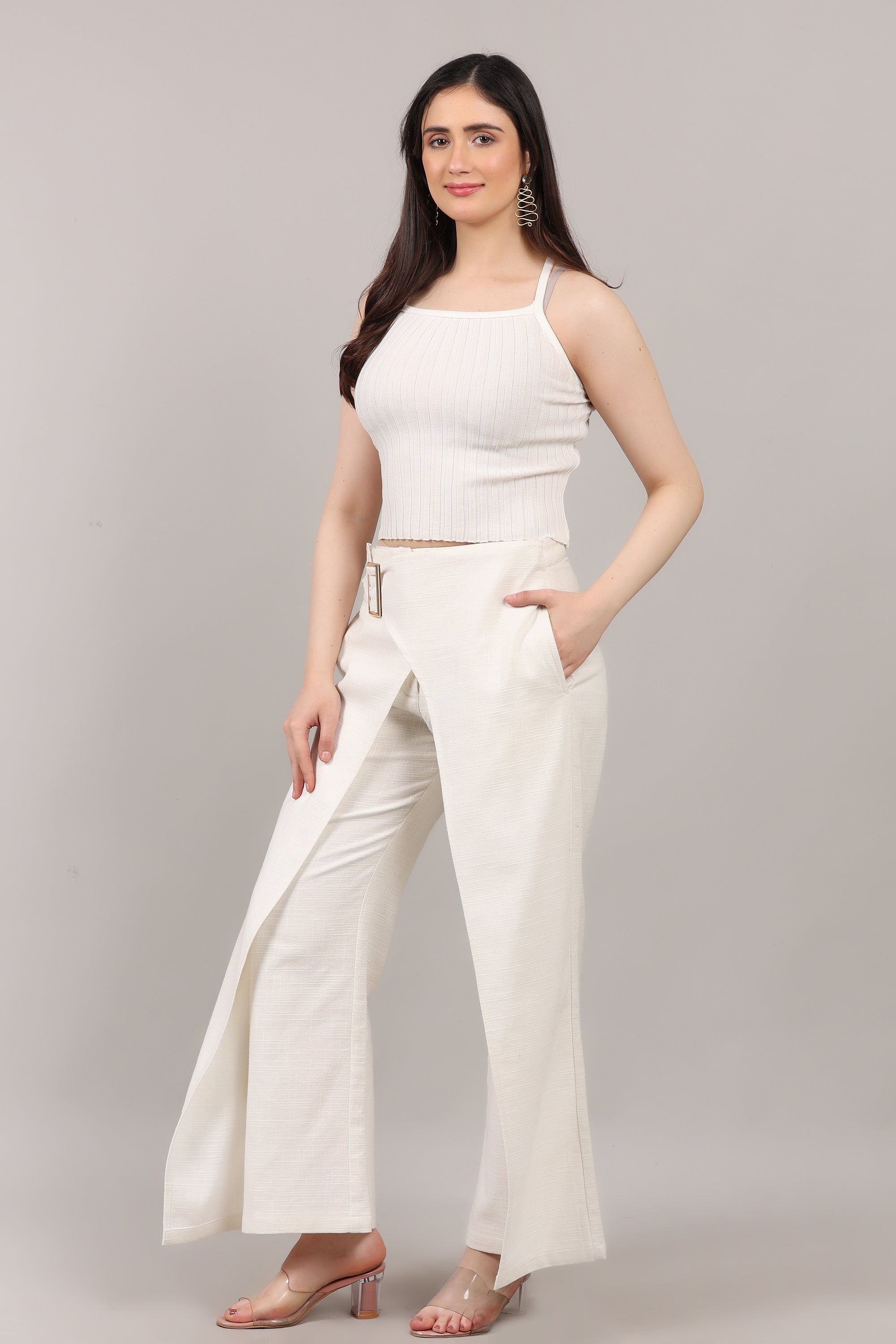 Elegant Wrap Style Slub Cotton Pant with Statement Buckle