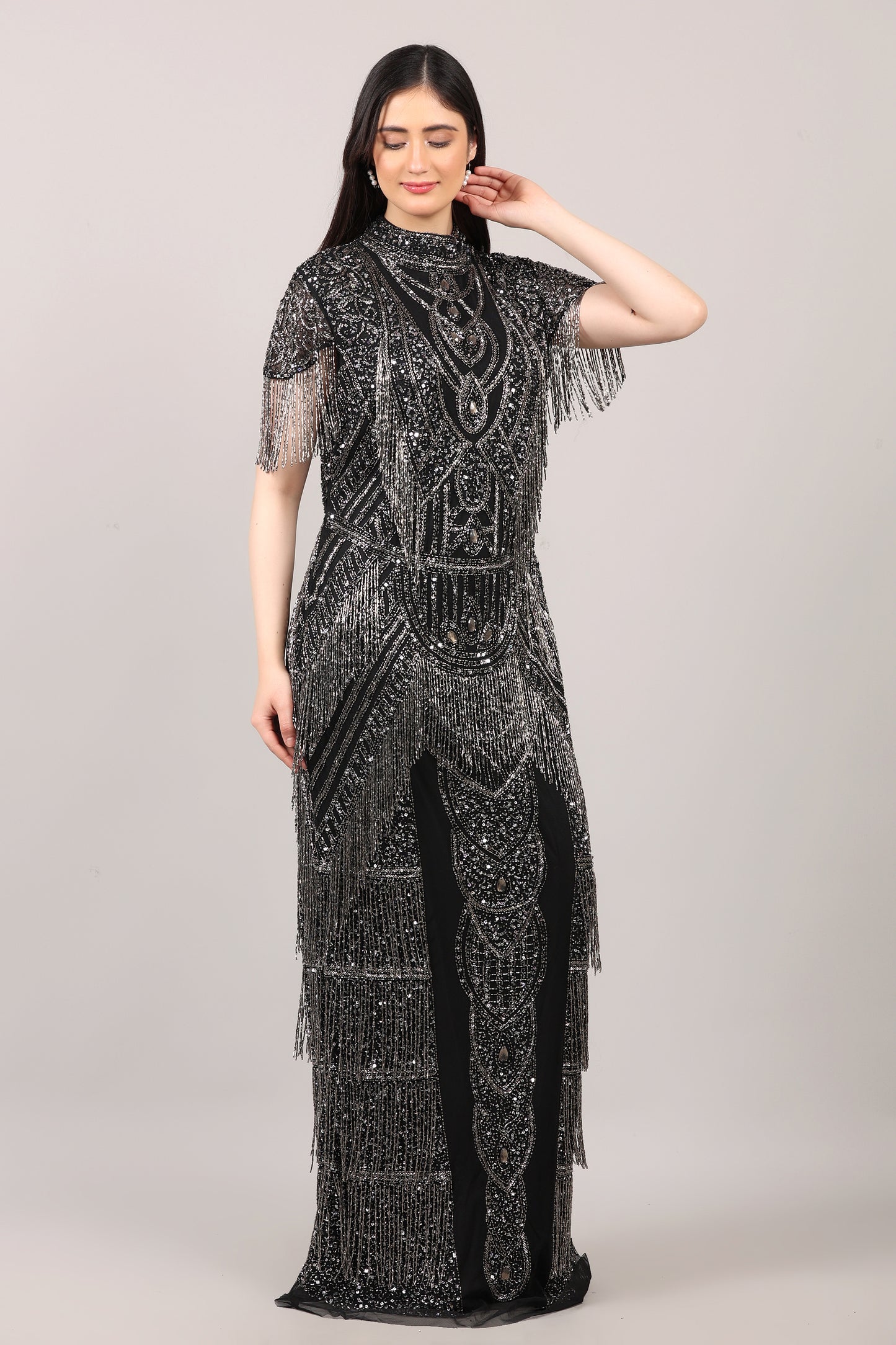 Black Heavy Hand-Embroidered Couture Evening Gown