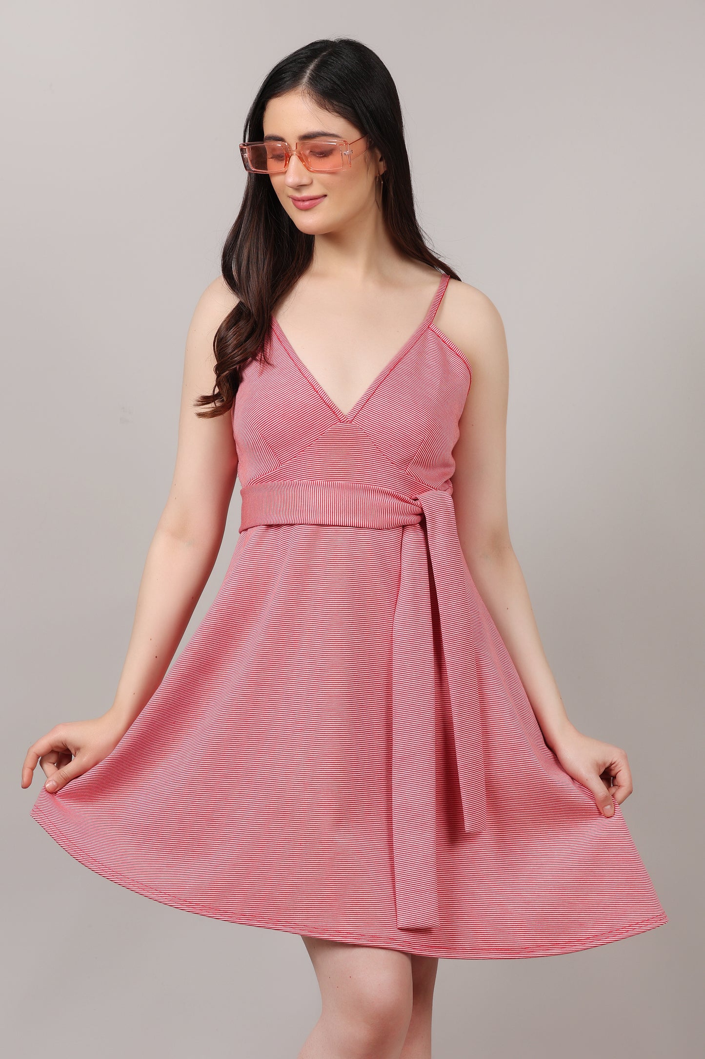 Red Stripe Print High-Low Dress with Multi-Styling Belt