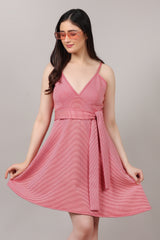 Red Stripe Print High-Low Dress with Multi-Styling Belt
